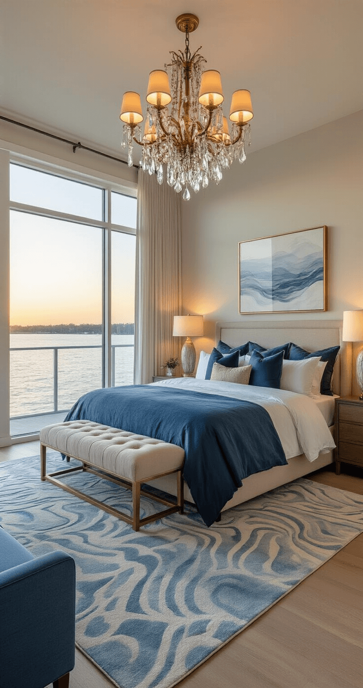 Create Your Dream Coastal Bedroom in Blue: A Tranquil Seaside Sanctuary Elegant coastal primary suite featuring floor-to-ceiling windows with water views, a king bed adorned with luxury linens in ocean blues and grays, oversized ceramic lamps, and a silk area rug, all illuminated by warm golden hour light.