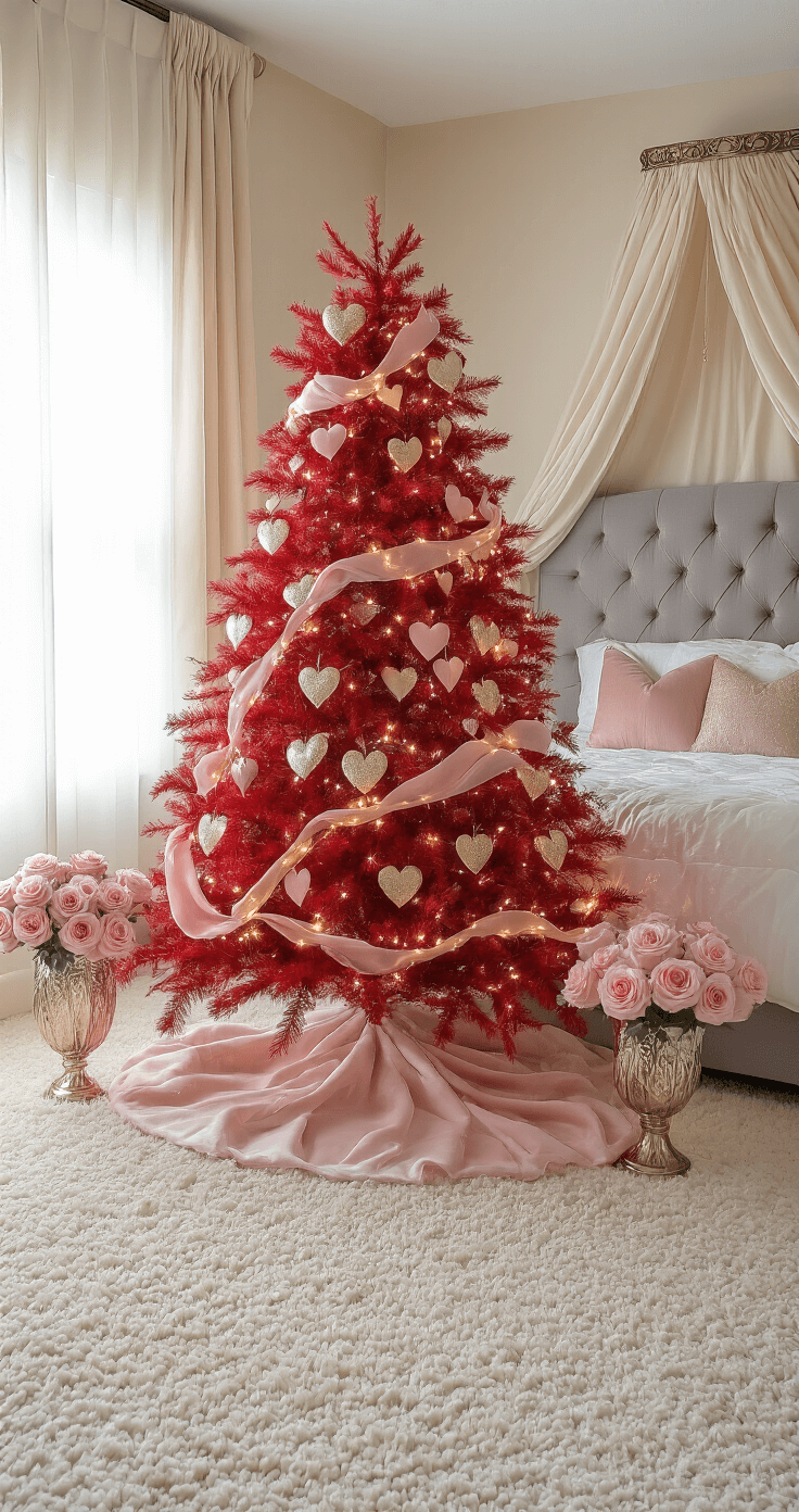 Styling a Red Christmas Tree: Transform Your Holiday Decor with Bold Elegance A romantic Valentine's Day transformation in an elegant bedroom featuring a beautifully decorated red tree with pink and gold heart ornaments, fairy lights, and blush ribbons, surrounded by soft twilight lighting, plush cream carpeting, and luxurious gray king bed with rose gold accents and fresh pink roses in crystal vases.