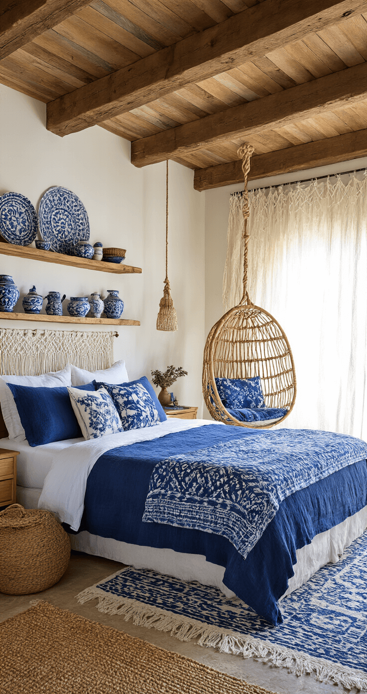 Create Your Dream Coastal Bedroom in Blue: A Tranquil Seaside Sanctuary A cozy bohemian beach bedroom featuring a queen bed with indigo-dyed bedding and vintage quilts, surrounded by macramé curtains and an exposed beam ceiling, complemented by a hanging rattan chair and blue mudcloth cushions, all illuminated by diffused afternoon light.