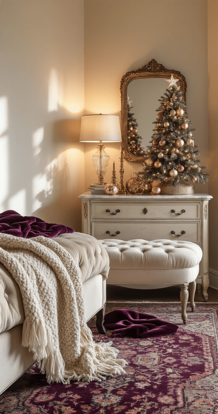 Sophisticated bedroom corner with layered Christmas decor featuring deep plum and gold velvet ribbons on a tabletop tree, an antique marble-topped dresser, a cream velvet tufted bench with a chunky knitted throw, metallic rose gold and copper ornaments, a vintage mirror, and a muted jewel-toned Persian rug, all illuminated by warm evening light and crystal table lamps.