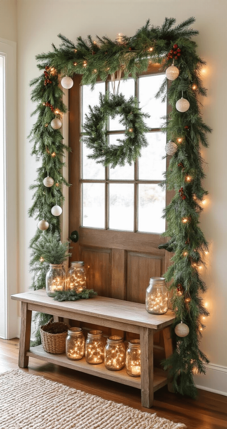 A charming entryway adorned with DIY Christmas decorations, featuring a rustic wooden door frame draped in a natural greenery garland interwoven with fairy lights and paper ornaments. Sunlight illuminates pine boughs, eucalyptus, and holly berries, while a vintage bench holds glass jars with string lights. Upcycled mason jar lanterns hang at varying heights, complemented by a braided jute rug on the hardwood floor, creating a warm, inviting atmosphere.