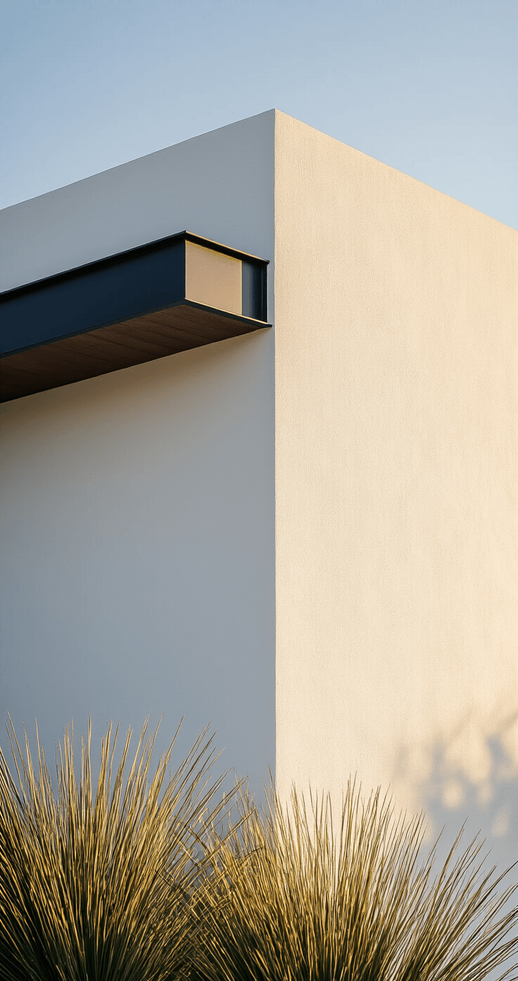 Modern Florida Home Exterior: A Stunning Design Guide for 2025 A close-up shot of a modern architectural corner featuring crisp white stucco and charcoal metal trim, illuminated by warm sunlight at sunrise, casting dramatic shadows and highlighting clean geometric lines, with native grass juxtaposing the rigid surfaces.