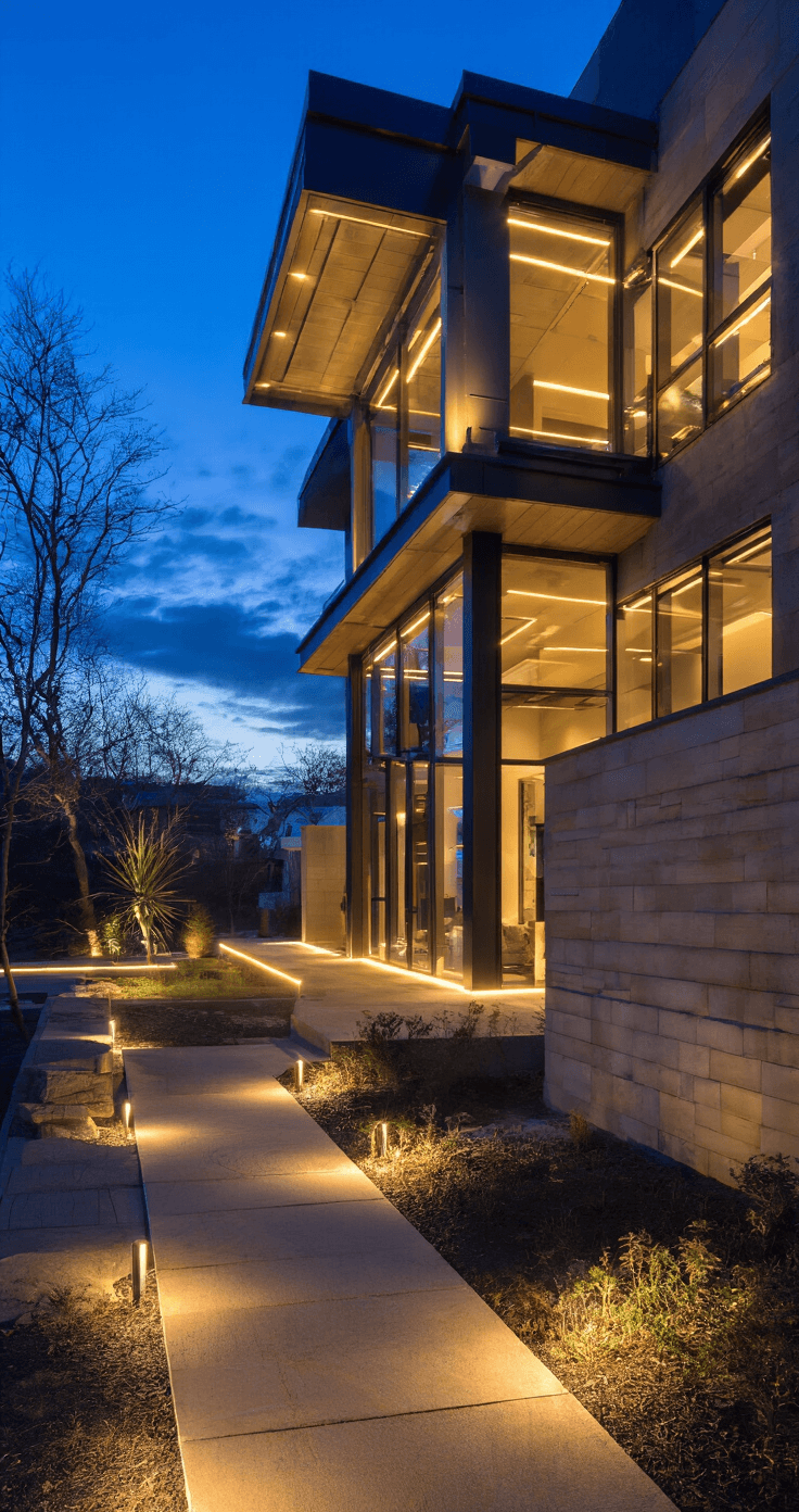 Modern Florida Home Exterior: A Stunning Design Guide for 2025 A dramatic night scene showcasing architectural lighting design, featuring warm LED strips accentuating structural elements and geometric landscaping illuminated by modern path lights, with inviting interior lights glowing through large windows. The facade materials exhibit unique characteristics under artificial lighting, all captured during blue hour with a long exposure that highlights various light temperatures.