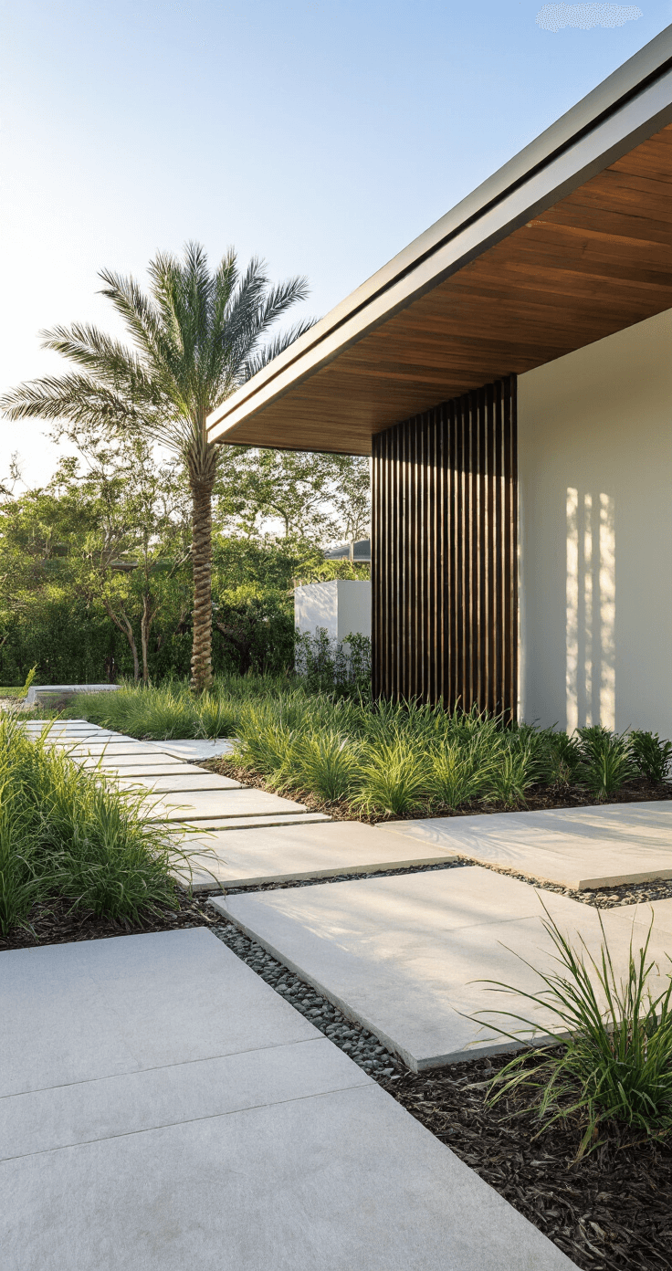 Modern Florida Home Exterior: A Stunning Design Guide for 2025 A mid-morning view of modern hardscaping featuring angular concrete paths and geometric planting beds, with native Florida vegetation and metal and wood architectural details casting intricate shadows against a sunlit stucco texture.