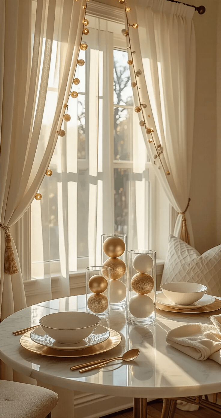 Intimate dining nook in golden hour light, featuring a round marble-top bistro table adorned with layered glass bowls of white, gold, and blush ornaments, surrounded by delicate garland and twinkling fairy lights, showcasing warm textures and inviting ambiance.