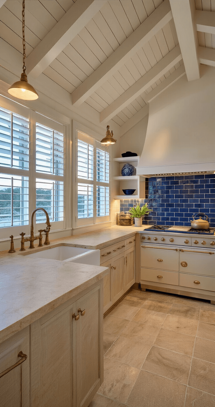 Coastal Kitchen Backsplash: Your Ultimate Guide to Seaside-Inspired Design Cozy beach house kitchen at dusk with vaulted ceiling and white-washed beams, featuring a ceramic tile backsplash in blue gradients, sandstone quartz countertops, and vintage brass fixtures.