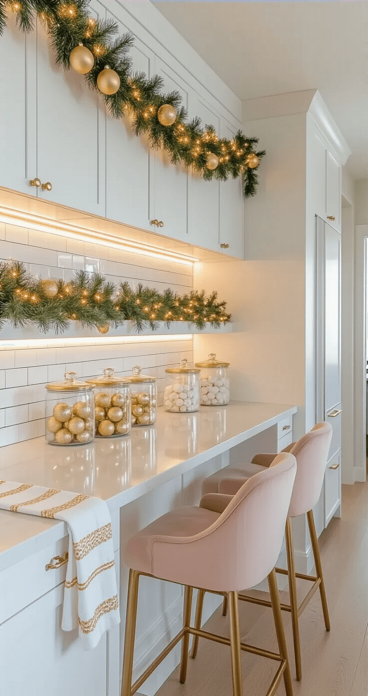 A modern galley kitchen measuring 6x12 feet features a white subway tile backsplash and quartz countertops illuminated by early morning light. Holiday styling includes white and gold dish towels, a garland on upper cabinets with LED lighting, and glass canisters filled with gold ornaments on open shelving. Blush-colored bar stools add warmth, viewed from the living room entrance with bright, even lighting highlighting clean lines and seasonal decor.