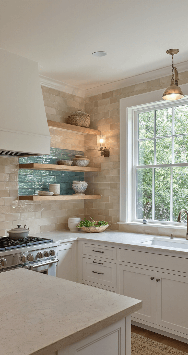 Coastal Kitchen Backsplash: Your Ultimate Guide to Seaside-Inspired Design L-shaped coastal kitchen featuring a picture window overlooking a garden, with a sandy beige and ocean blue backsplash, dimmable sconce lighting, and white oak open shelving displaying coastal décor, creating a warm and inviting atmosphere.