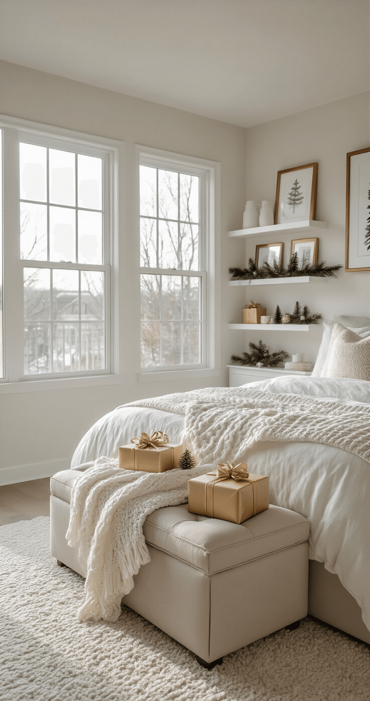 Cozy apartment bedroom decorated for Christmas morning, featuring a storage ottoman with a white cable knit throw and small gold-wrapped gifts, large east-facing windows, wall-mounted shelves with holiday decor, and soft natural light creating a serene ambiance.