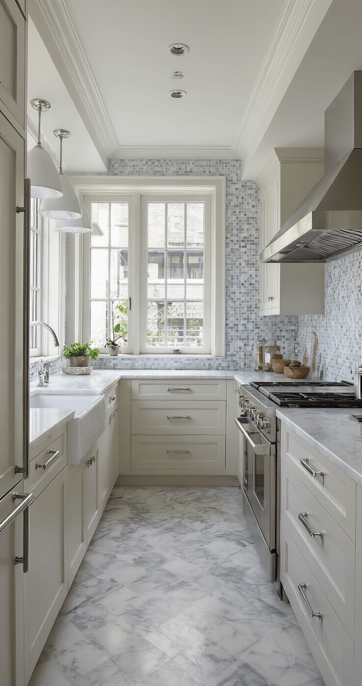Coastal Kitchen Backsplash: Your Ultimate Guide to Seaside-Inspired Design Bright seaside kitchen studio with a compact layout, featuring a marble mosaic backsplash, chrome fixtures, and clerestory windows, highlighting elegant and timeless design.