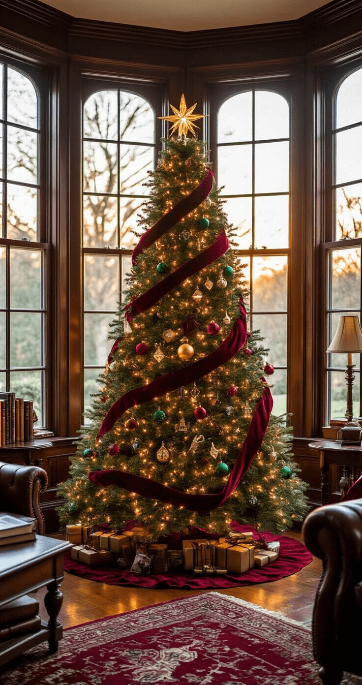 A cozy Victorian-style living room featuring a 9-foot Fraser fir Christmas tree adorned with Gryffindor red velvet ribbons, golden Snitch ornaments, and house-colored glass baubles, all illuminated by warm fairy lights during golden hour. Rich mahogany furniture and leather-bound books complement the intimate, enchanted atmosphere.