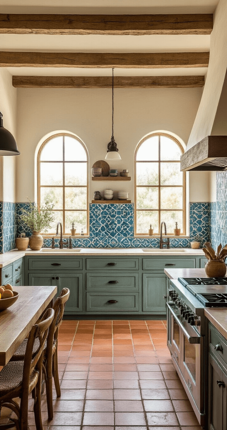 Coastal Kitchen Backsplash: Your Ultimate Guide to Seaside-Inspired Design Expansive Mediterranean kitchen featuring arched windows, handmade ceramic tile backsplash in blue and green wave patterns, whitewashed wooden beams, dark bronze fixtures, and warm terracotta floor tiles, bathed in golden hour lighting.