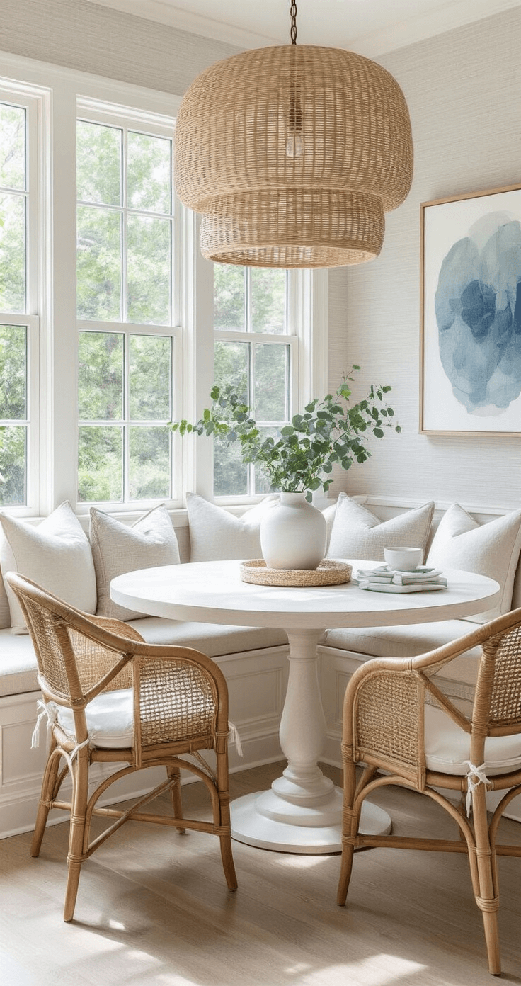 Crafting Your Dream Coastal Modern Kitchen: A Comprehensive Design Guide Intimate kitchen nook featuring a whitewashed oak circular table with rattan chairs and a built-in window seat, all bathed in soft morning light. Textured pale grey grasscloth wallpaper sets a subtle backdrop, while an oversized woven pendant light casts dramatic shadows. The scene includes a white ceramic vase with eucalyptus, a textured table runner, and abstract blue artwork, captured from a low angle to emphasize the cozy atmosphere.