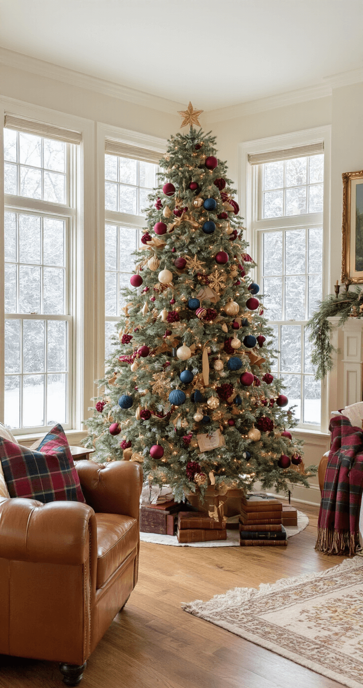 A cozy family room with a beautifully decorated Christmas tree featuring burgundy, green, blue, and gold ornaments, natural light streaming through bay windows onto cream walls and oak floors, plush leather furniture, and warm accents create an inviting atmosphere.