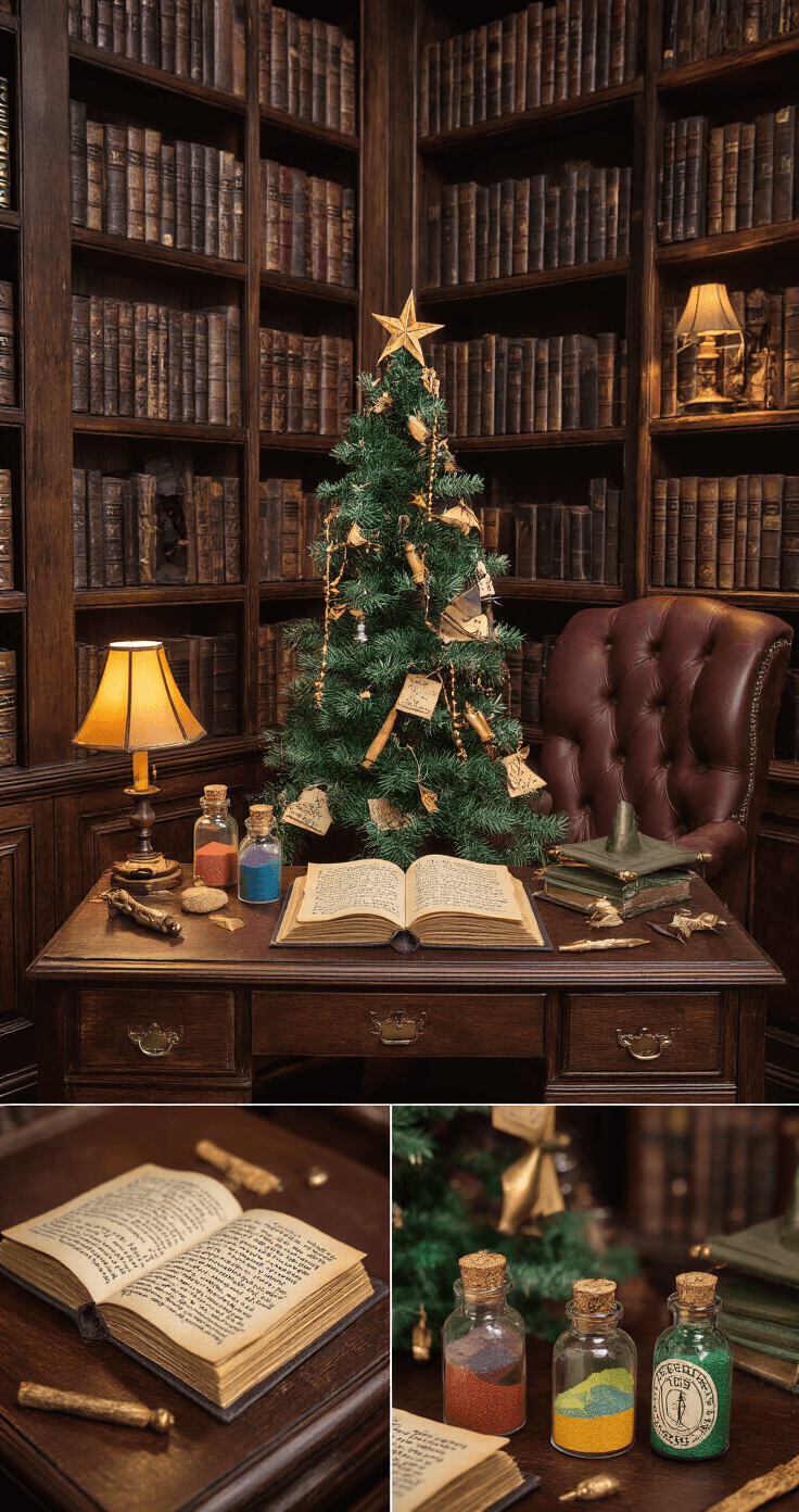 A cozy home library adorned with DIY Harry Potter ornaments, featuring bookshelves filled with books, a tabletop tree on an antique desk, and intricate handmade decorations like acceptance letters and potion bottles, all bathed in warm, ambient lamp light.