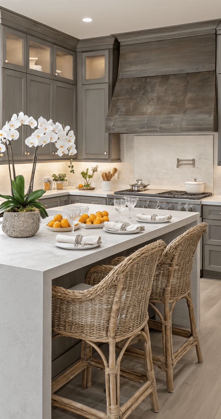 Crafting Your Dream Coastal Modern Kitchen: A Comprehensive Design Guide Dramatic evening shot of a stylish 8ft kitchen island with quartz waterfall edges, featuring sculptural rattan barstools, a white orchid, scattered citrus, rolled linen napkins, and crystalline water glasses, all highlighted by moody under-cabinet lighting.