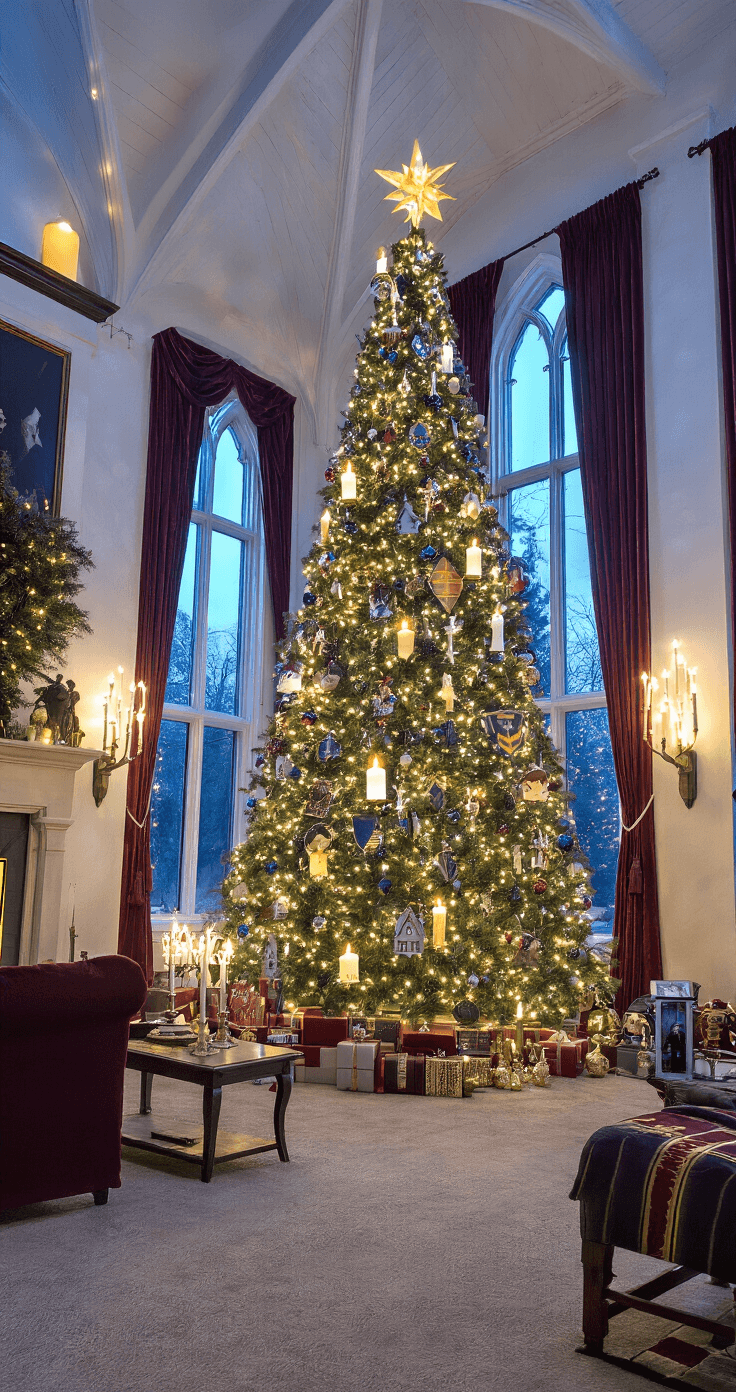 A beautifully decorated great room capturing Harry Potter Christmas magic during the blue hour, featuring a 10-foot Christmas tree, fairy lights, and dramatic lighting that highlights key ornaments against a backdrop of rich textures and jewel tones.