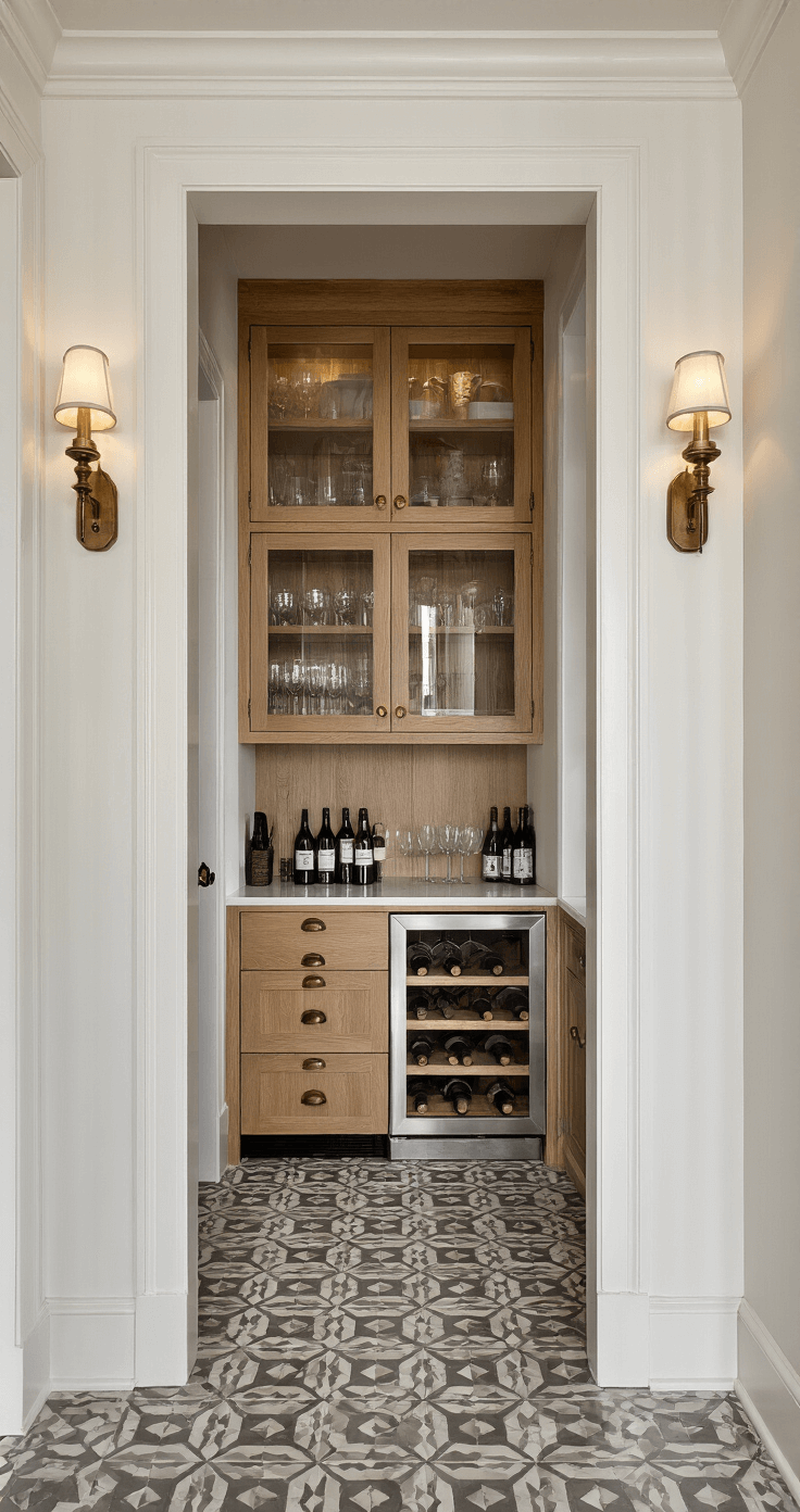 Crafting Your Dream Coastal Modern Kitchen: A Comprehensive Design Guide Moody corridor view of a butler's pantry with white oak wine storage, illuminated glass-front cabinets, and mirror-backed shelving for barware, featuring antiqued brass hardware and geometric grey and white floor tiles, shot from a low angle through a doorway.