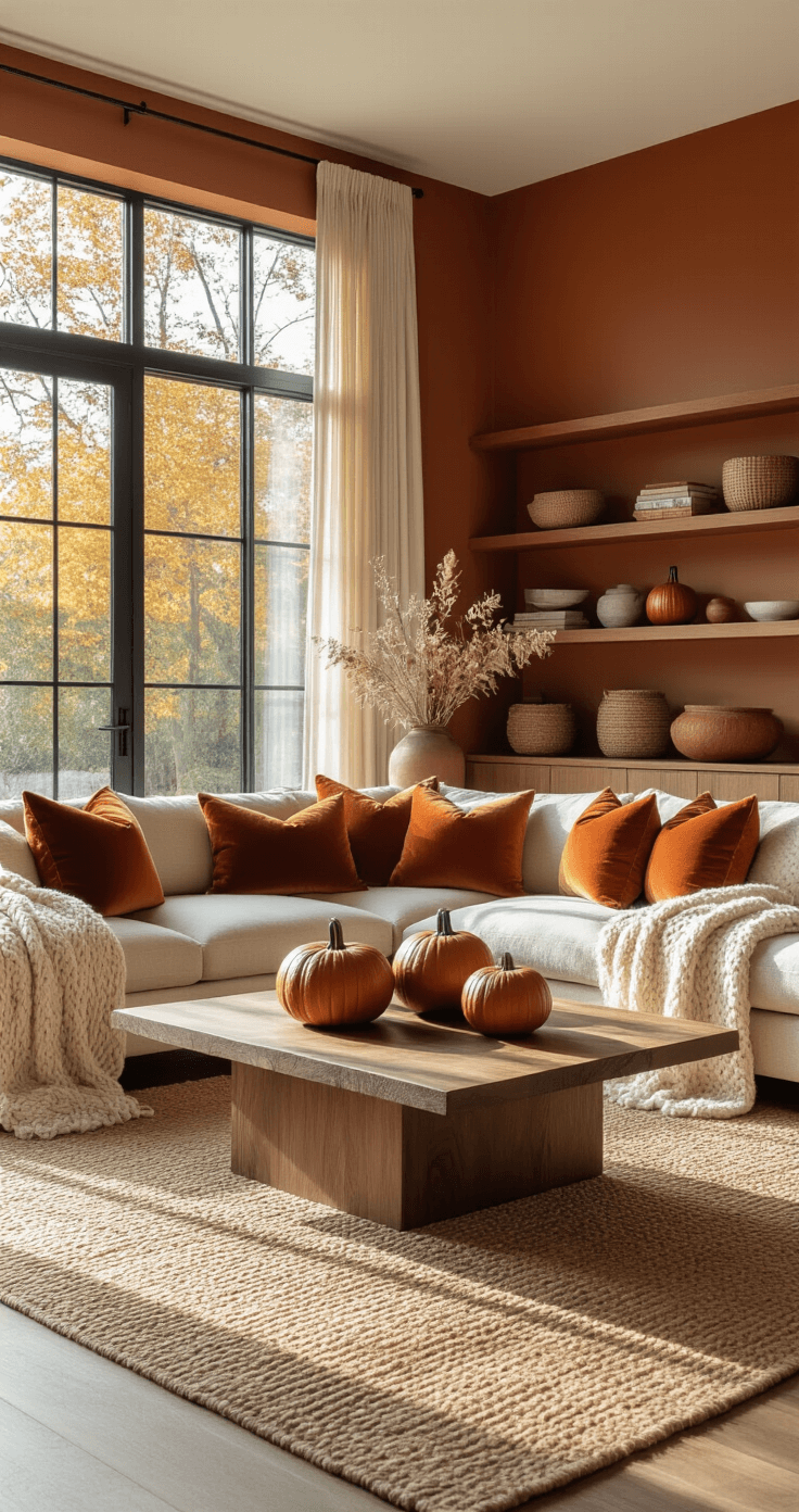 Cozy Fall Home Decor: Transform Your Space with Autumn Warmth and Style A modern living room with warm afternoon sunlight, featuring a mid-century sofa with cream throws and autumn-toned pillows, a walnut coffee table with ceramic pumpkins and eucalyptus, a jute rug, and woven baskets in built-in shelves, all creating a cozy, sophisticated atmosphere.