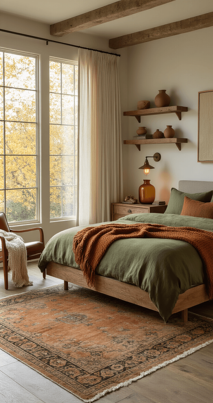Cozy Fall Home Decor: Transform Your Space with Autumn Warmth and Style Intimate bedroom corner with olive green linen bedding, caramel and rust throws, a warm amber lamp on a weathered oak nightstand, floor-to-ceiling windows filtering golden hour light, a distressed leather reading chair, reclaimed wood shelves, and a vintage Persian rug, captured in soft ambient light.