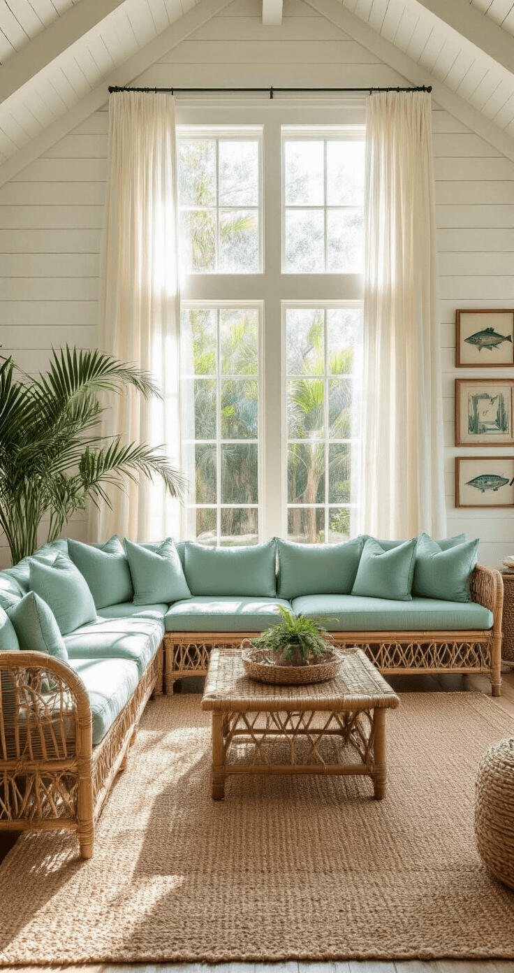 A bright and airy 20x24ft living room with 12ft ceilings, featuring a rattan sectional with seafoam green cushions, vintage bamboo side tables, and layered jute and sisal rugs. Sunlight filters through sheer white curtains, illuminating potted majesty palm and bird of paradise plants. A whitewashed shiplap accent wall displays nautical art. The camera angle from the doorway emphasizes depth and natural light.