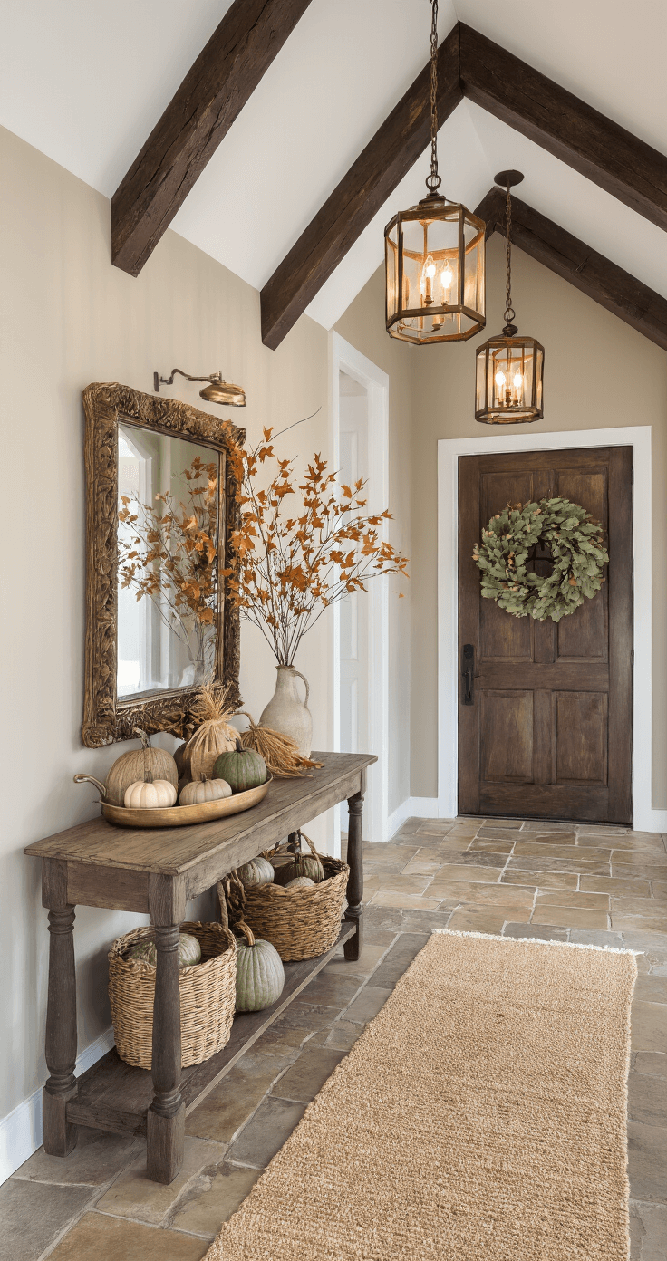 Cozy Fall Home Decor: Transform Your Space with Autumn Warmth and Style A sophisticated farmhouse entryway with vaulted ceilings, dark wood beams, and a rustic console table styled for autumn, featuring preserved maple branches and mini pumpkins, alongside a vintage mirror reflecting warm lighting, a sisal runner leading to a wooden door with a eucalyptus wreath, and stone tile flooring.