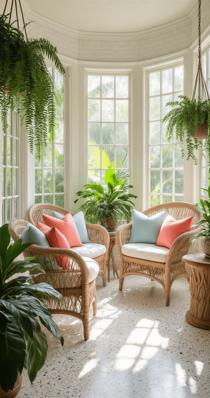 Intimate Florida sunroom featuring wrap-around windows, white-painted brick walls, and rattan peacock chair with weathered teak side table, adorned with coral and pale blue throw pillows, hanging ferns, and orchids, all illuminated by soft morning light on terrazzo flooring.