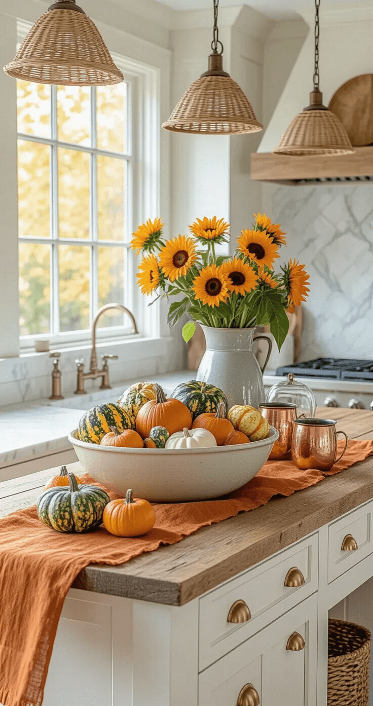 Cozy Fall Home Decor: Transform Your Space with Autumn Warmth and Style A sunlit kitchen island adorned for autumn, featuring reclaimed wood, white shaker cabinets with brass accents, a bowl of gourds and mini pumpkins, a burnt orange linen runner, copper mugs, and sunflowers in a galvanized pitcher, all under warm pendant lighting with a backdrop of fall foliage.