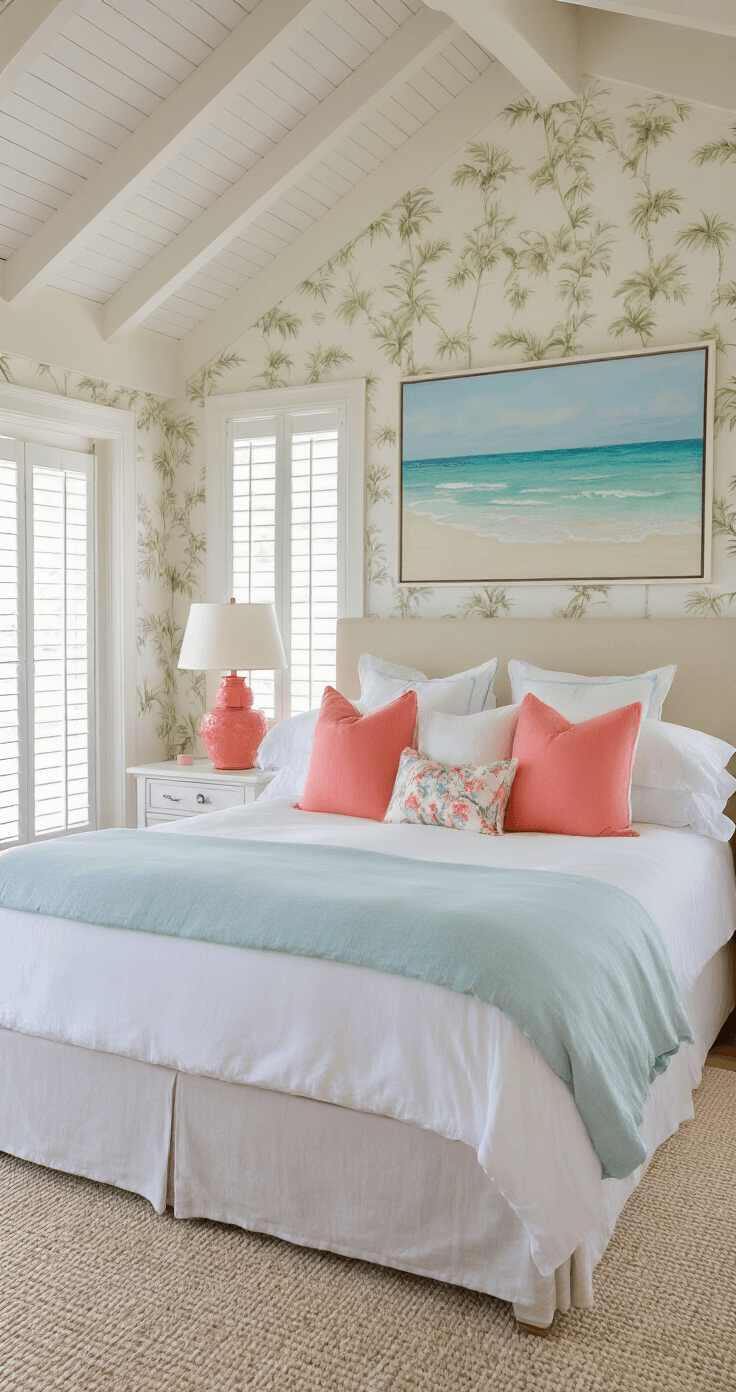 Spacious master bedroom with vaulted ceiling, French doors to veranda, twilight glow through plantation shutters, king bed with white linens and blue throws, coral table lamps on nightstands, oversized seascape artwork, and natural fiber wallcovering.