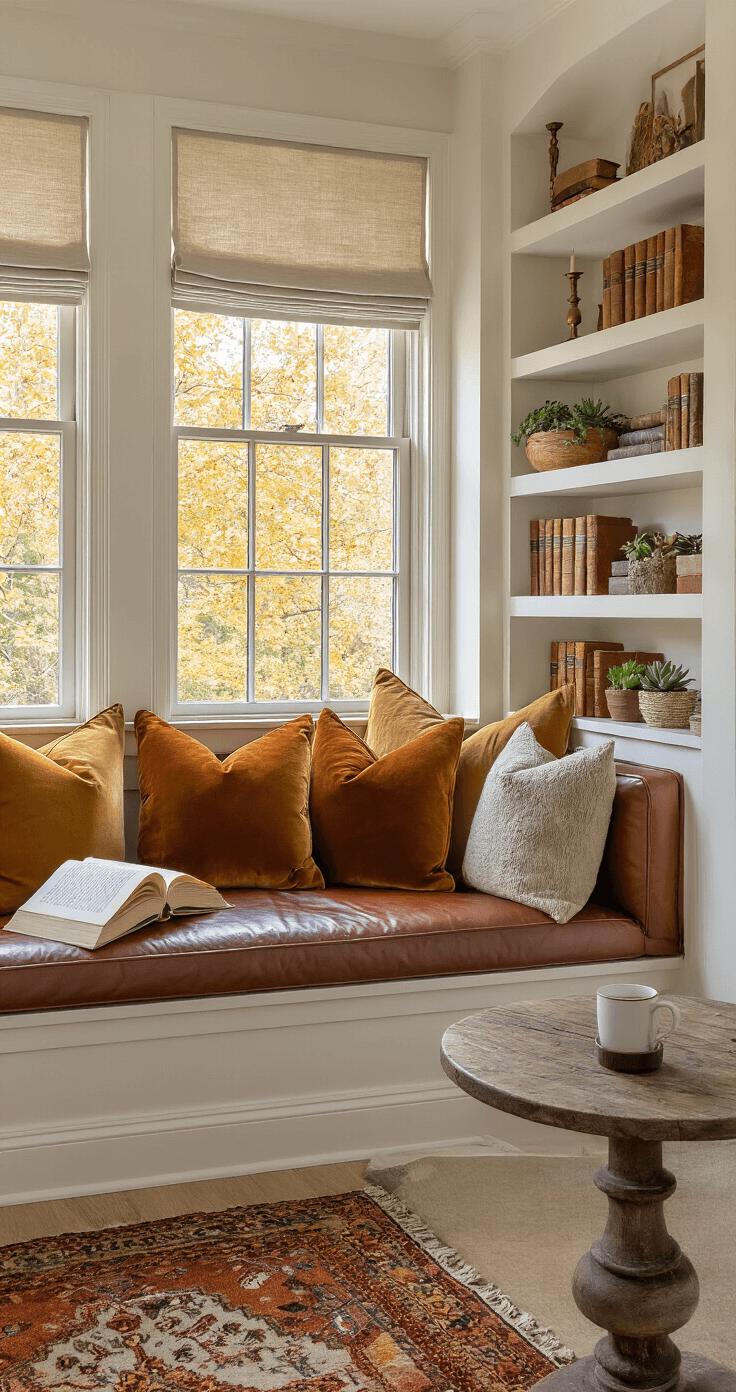 Cozy Fall Home Decor: Transform Your Space with Autumn Warmth and Style Cozy autumn reading nook featuring a built-in window seat with cognac leather cushions, vibrant throw pillows, floating shelves with books and succulents, a vintage kilim rug, and warm lighting, framed by casement windows overlooking fall foliage.
