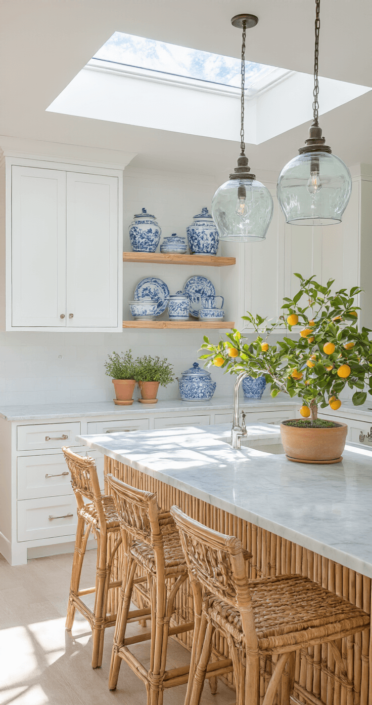 A coastal kitchen featuring white Shaker cabinets and marble countertops, illuminated by mid-morning light from a skylight. Rattan bar stools surround a bamboo-wrapped island, while glass pendant lights with sea glass accents hang above. Potted citrus trees in ceramic planters and open shelving displaying vintage blue and white pottery enhance the decor. The image is taken from a high overhead angle, showcasing the workspace with maximum detail clarity.