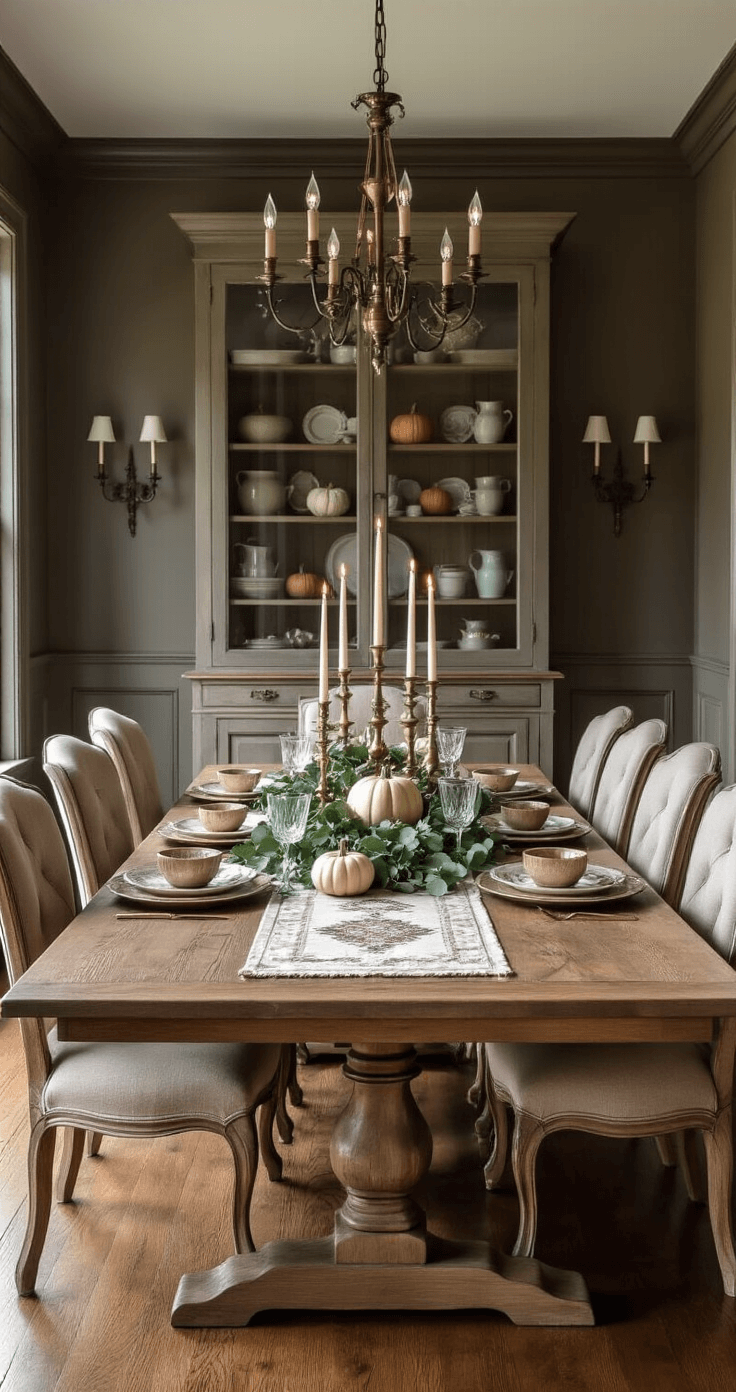 Cozy Fall Home Decor: Transform Your Space with Autumn Warmth and Style A formal dining room adorned for an autumn dinner party, featuring a 10-foot weathered oak farmhouse table surrounded by warm taupe upholstered chairs. The dramatic centerpiece includes brass candlesticks, eucalyptus garland, and mini pumpkins, with layered vintage Persian runners beneath. Crystal stemware reflects light from a wrought iron chandelier, all set against deep mushroom gray walls and gleaming hardwood floors, creating an elegant harvest celebration atmosphere.