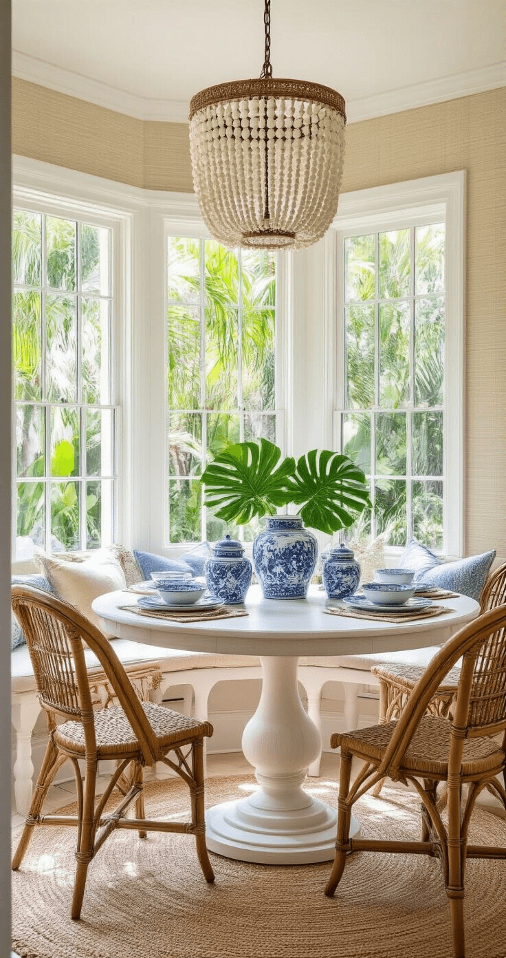 A cozy dining nook featuring a round whitewashed table surrounded by vintage rattan and painted wooden chairs, illuminated by dappled afternoon light through palm fronds, with a bay window overlooking a tropical garden and styled with blue and white ginger jars filled with monstera leaves, complemented by a capiz shell chandelier and sandy beige grasscloth wallcovering.