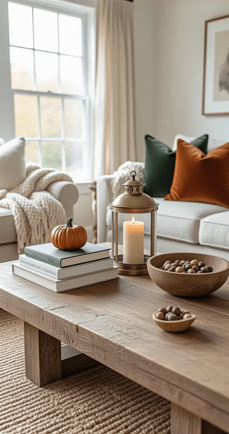 Cozy Fall Home Decor: Transform Your Space with Autumn Warmth and Style Cozy living room vignette with reclaimed wood coffee table featuring a stack of books, ceramic pumpkin, vintage brass lantern, and wooden bowl of nuts and acorns, accented by a chunky knit throw and velvet pillows, with warm afternoon light filtering through windows.
