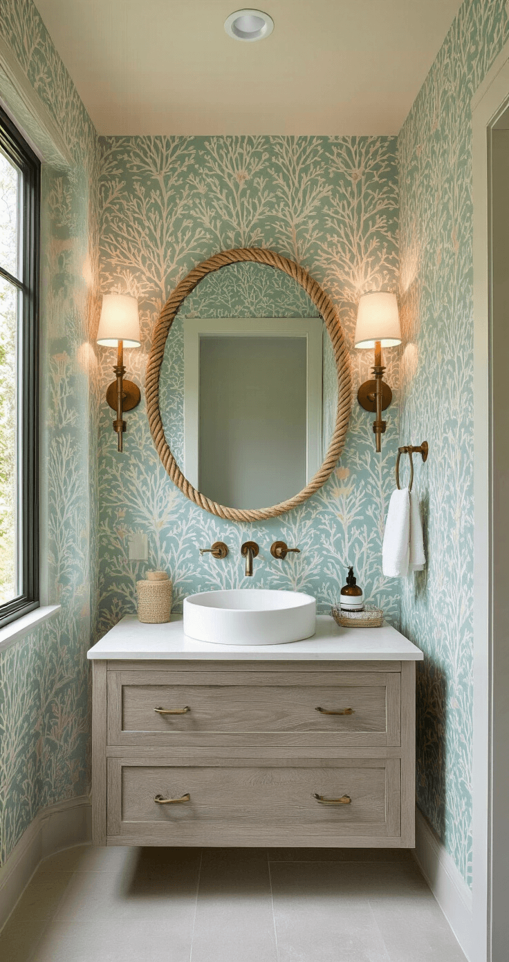 Modern powder room featuring an architectural window, diffused natural light, a driftwood floating vanity with a vessel sink, a large round mirror with rope detailing, textured seafoam green wallpaper with a subtle coral pattern, and vintage brass fixtures, all captured in wide-angle at f/4.5.