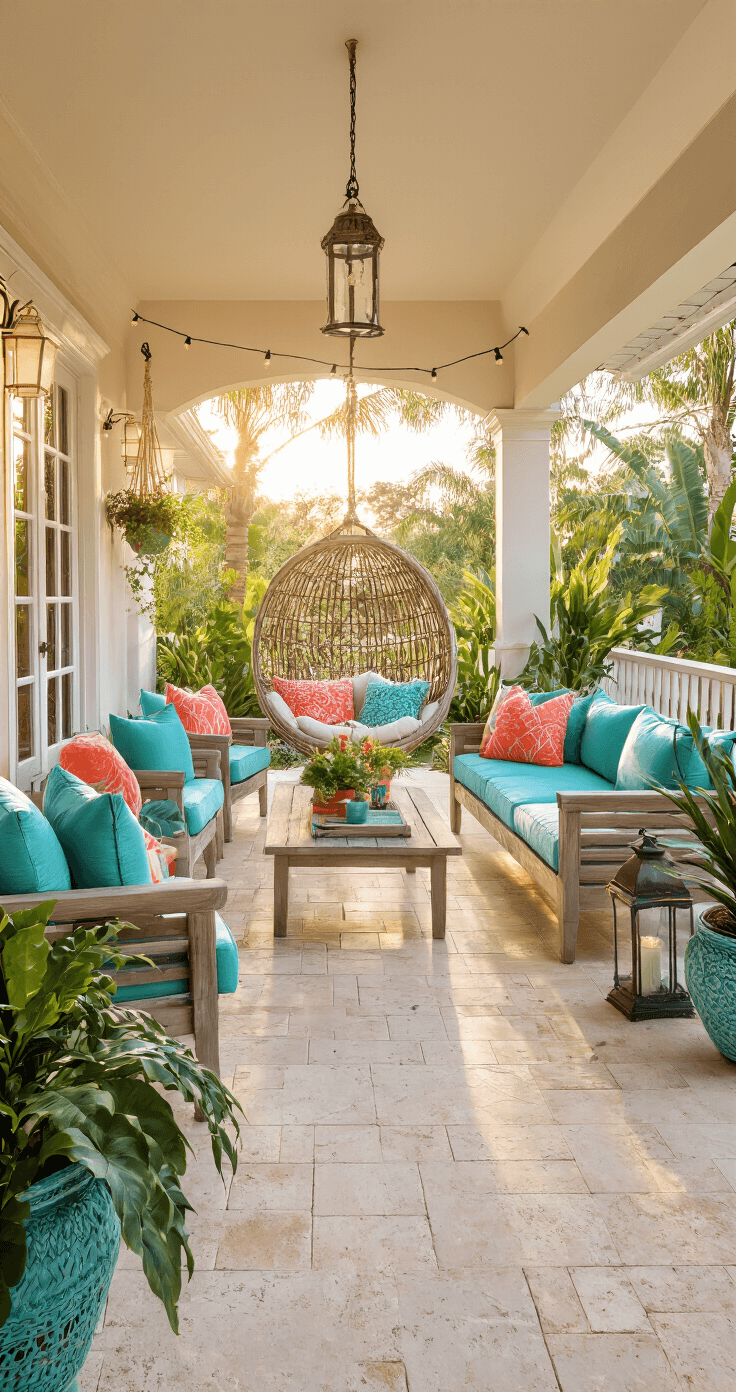 Welcoming 12x24ft covered lanai featuring travertine flooring, adorned with a blend of weathered teak and white aluminum furniture, vibrant turquoise and coral cushions, a macramé hanging chair, string lights, and hurricane lanterns. Lush tropical plants in painted ceramic planters enhance the ambiance, captured in golden hour lighting to emphasize the indoor-outdoor flow.