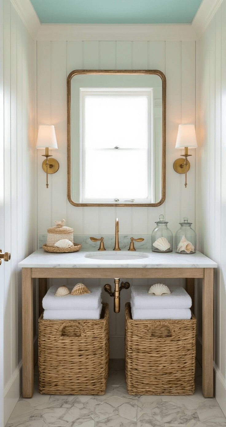 Coastal Chic Bathroom: Your Ultimate Guide to a Serene Seaside Retreat Boutique beach house powder room featuring white vertical tongue-and-groove paneling, pale aqua ceiling, floating marble-topped vanity with brass whale tail faucet, rattan mirror, glass sconces, and coastal decor, illuminated by golden hour light filtering through a frosted window.
