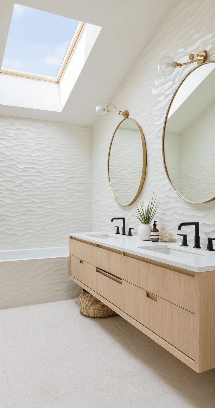 Coastal Chic Bathroom: Your Ultimate Guide to a Serene Seaside Retreat A modern coastal guest bathroom featuring large white porcelain tiles, a floating bleached oak double vanity with a honed limestone countertop, minimalist round mirrors with brass frames, and matte black faucets, all illuminated by skylight. Decorated with geometric white vessels, sea grass wrapped bottles, and air plants, the space conveys a fresh and clean aesthetic.