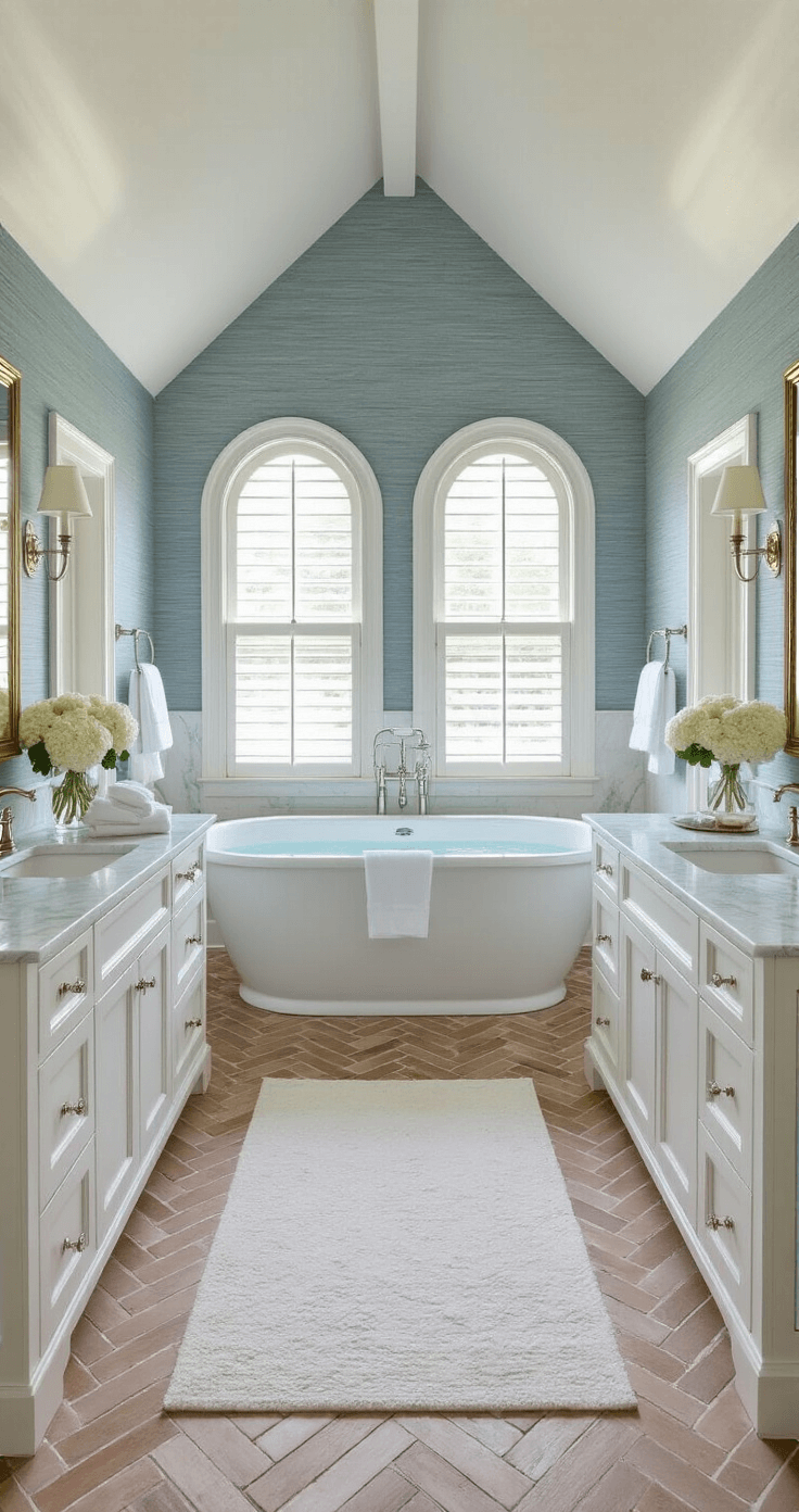 Coastal Chic Bathroom: Your Ultimate Guide to a Serene Seaside Retreat Luxurious Hamptons-style master bath retreat featuring a spacious 15x18ft layout with a pitched 12ft ceiling, arched windows with white plantation shutters, herringbone marble flooring, a classic double vanity with Carrara marble top, a freestanding soaking tub against blue-gray grasscloth wallpaper, and elegant decor including white hydrangeas and vintage apothecary bottles.
