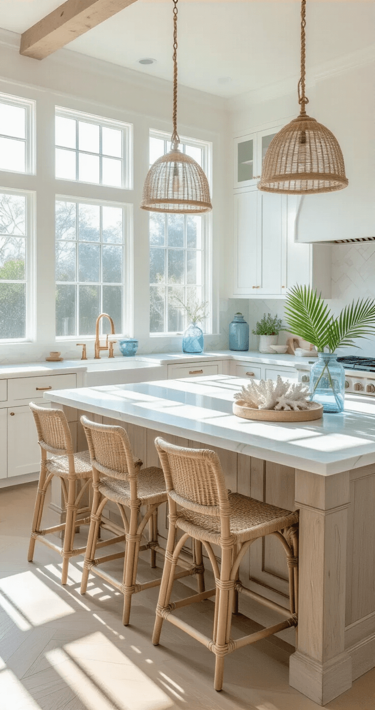 A sunlit coastal kitchen featuring white shaker cabinets, quartzite countertops, a weathered oak island, and woven rattan barstools, illuminated by glass pendant lights. The space is accented with blue mason jars and coral, with herringbone white oak floors casting soft shadows.