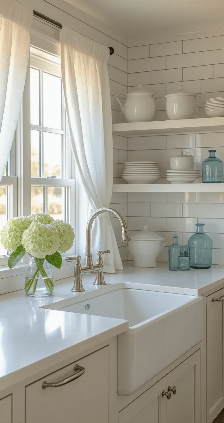 Intimate corner of a luxury coastal kitchen at golden hour featuring a white farmhouse sink with polished nickel faucet, white subway tile backsplash, open shelving with white ceramics and blue glass vessels, and hydrangeas in a clear vase, evoking a serene and sophisticated mood.