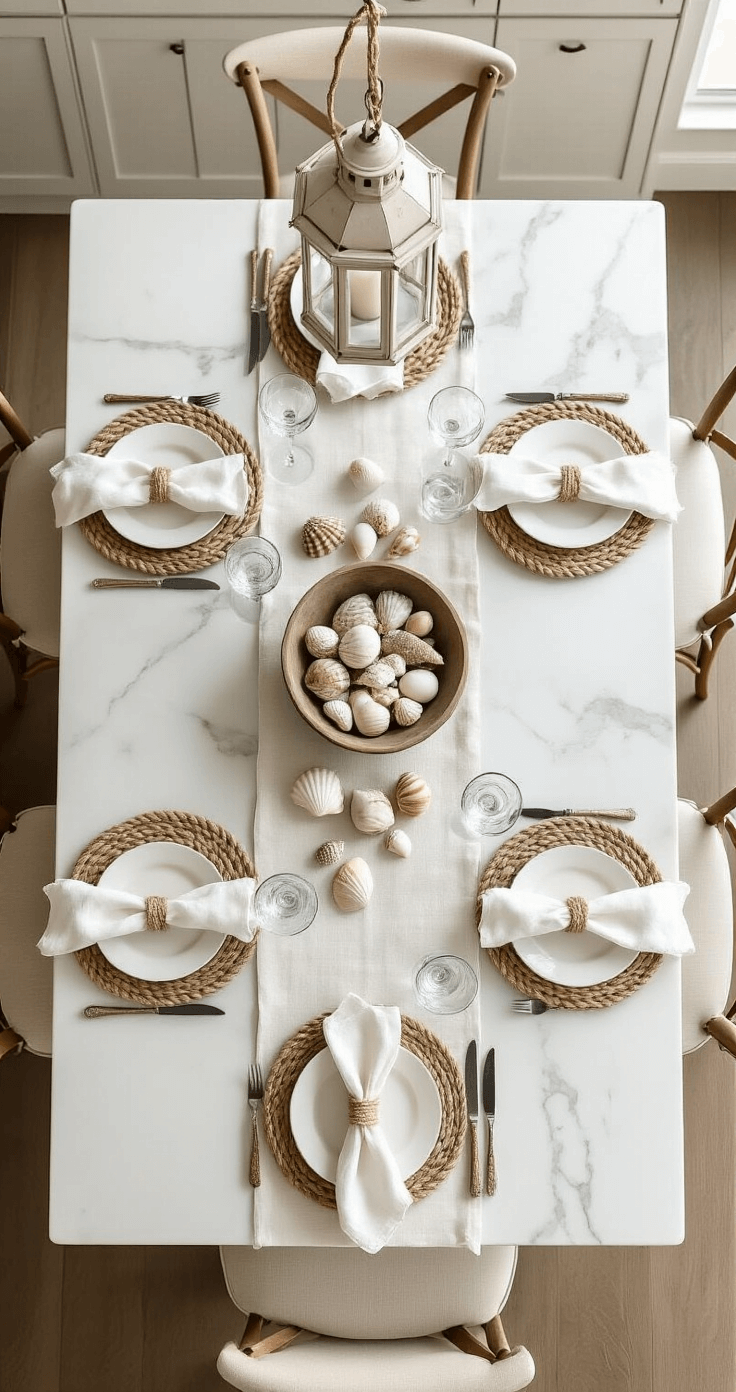 Overhead view of a coastal kitchen island featuring a marble top, with a casual yet elegant table setting of white linen runners, rope-handled trays, and crystal wine glasses. A driftwood bowl holds bleached shells and sea glass, complemented by whitewashed lanterns and natural fiber placemats, all captured in warm afternoon light.