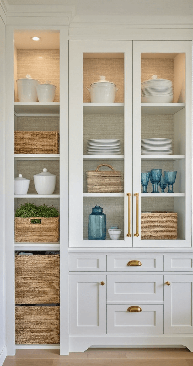 Close-up view of floor-to-ceiling white kitchen cabinetry with glass-front uppers, showcasing organized white porcelain, woven baskets, and blue glass collections, accented by warm brass hardware and textured grasscloth wallpaper, shot with shallow depth of field to highlight contents.