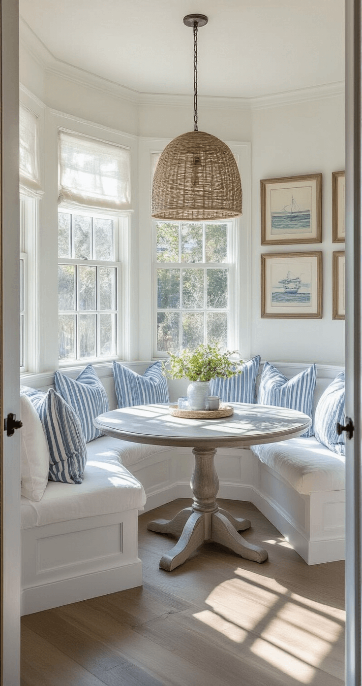Sun-filled coastal kitchen nook featuring a built-in banquette with white slipcovers and blue striped pillows, a weathered gray round pedestal table, and a woven pendant light. Vintage seaside prints adorn the walls, with morning light creating reflections in the bay windows. Casual elegance is captured in this wide-angle shot from the doorway.