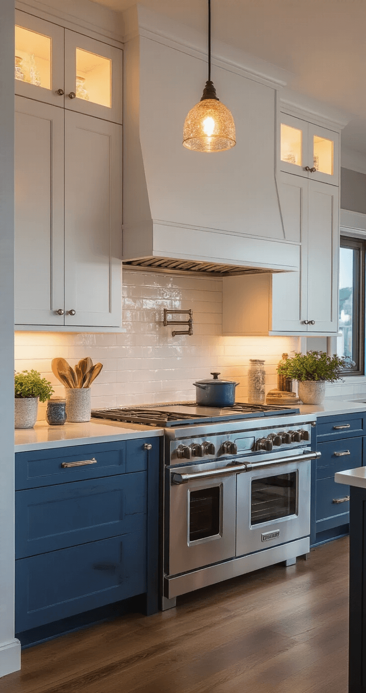 A twilight coastal kitchen featuring warm under-cabinet lighting and glowing pendants. White cabinets radiate a golden hue, complemented by deep ocean blue accents. Mercury glass accessories reflect light, while polished surfaces shimmer subtly. The scene captures depth and layered lighting, creating a moody and intimate atmosphere with a focus on material luminosity.