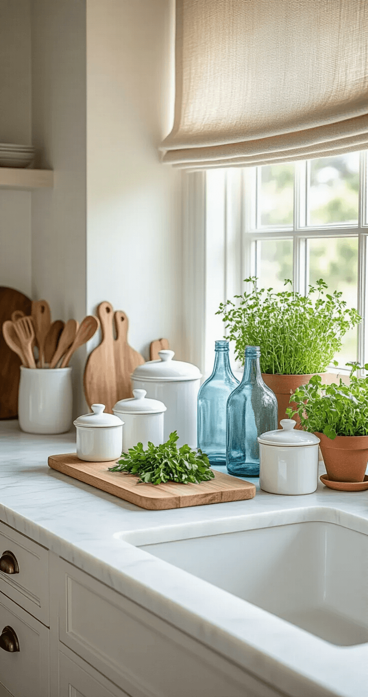 Coastal kitchen workspace featuring a 36-inch white marble countertop adorned with white ceramic canisters, wooden cutting boards, and vintage blue glass bottles. Fresh herbs in terracotta pots add color, while a textured roman shade softens afternoon sunlight. Shot at a 45-degree angle to highlight depth and materials.