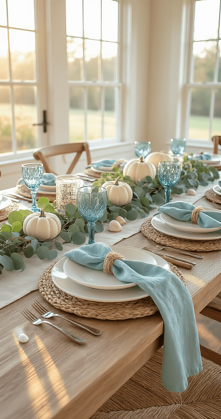 Coastal Thanksgiving Table Setting: Bringing Seaside Serenity to Your Holiday Feast A beautifully set 14-foot dining table in a light-filled room during golden hour, featuring ivory linen, seagrass chargers, and seafoam blue napkins, with a centerpiece of white pumpkins, driftwood, and eucalyptus, surrounded by blue glass goblets and seashells, on warm oak floors with white wainscoting.