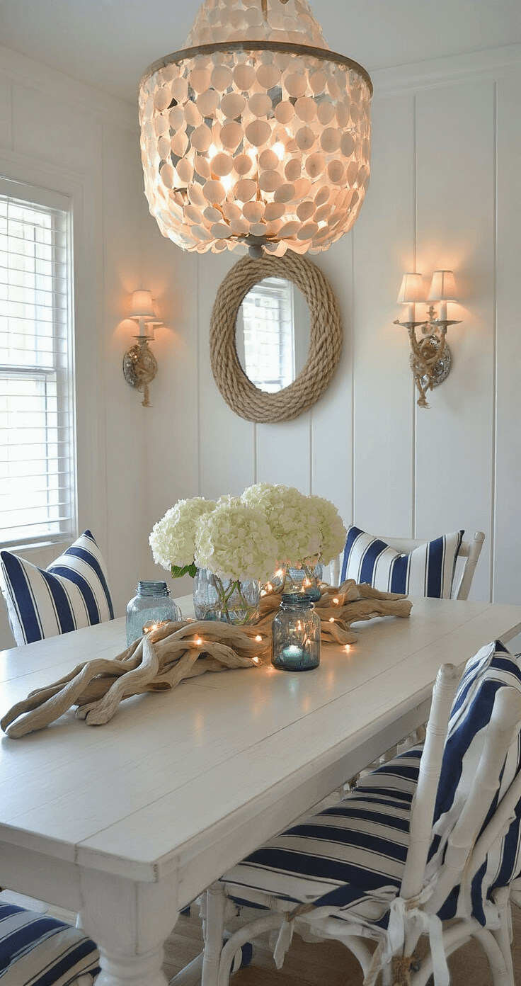 Coastal Christmas Decor: Transform Your Home into a Seaside Holiday Haven An intimate dining room featuring wainscoting and shell-white walls, illuminated by an ambient capiz shell chandelier. A 6ft whitewashed dining table with a centerpiece of bleached driftwood, white hydrangeas, and twisting fairy lights in sea glass vessels. Navy and white striped chair cushions provide nautical contrast, while rope-wrapped mirrors and antiqued silver sconces enhance the decor. A wide-angle shot focuses on the table's styling, with a softly blurred background highlighting textural elements.