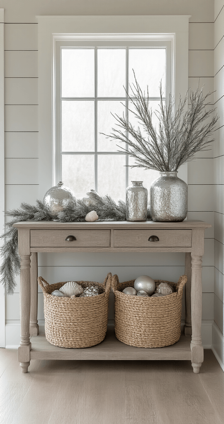 Coastal Christmas Decor: Transform Your Home into a Seaside Holiday Haven Welcoming entryway featuring shiplap walls and weathered oak flooring, illuminated by morning light through a frosted transom window. A vintage console table displays a coastal Christmas vignette with mercury glass hurricanes, twisted rope garland, and pearlescent shells, while an oversized seagrass basket holds silver-tipped pine branches, all in a muted coastal palette of grays, whites, and sandy neutrals with silver accents.
