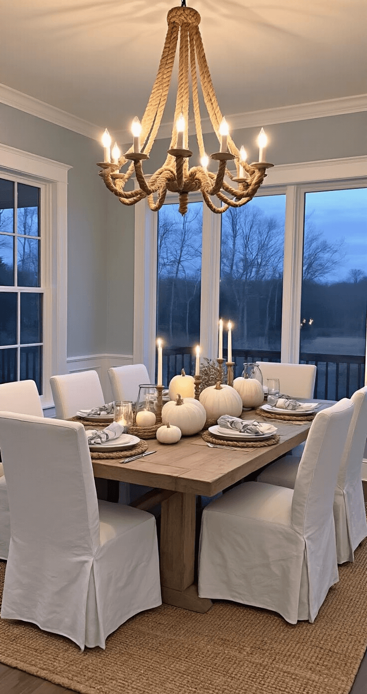 Coastal Thanksgiving Table Setting: Bringing Seaside Serenity to Your Holiday Feast Wide shot of a 12-person dining room at dusk, featuring an oversized coastal chandelier over a neutrally dressed table with driftwood, white pumpkins, and hurricane lanterns, surrounded by white slipcover chairs with rope backs, all under cool evening and warm candlelight in a pale blue-gray space.